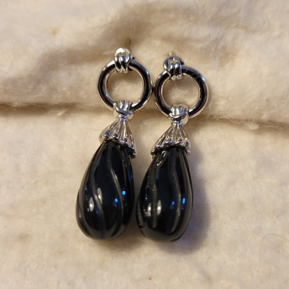Silver Tone Bronze & Carved Black Stone Stud Pierced Drop 1.5" Earrings